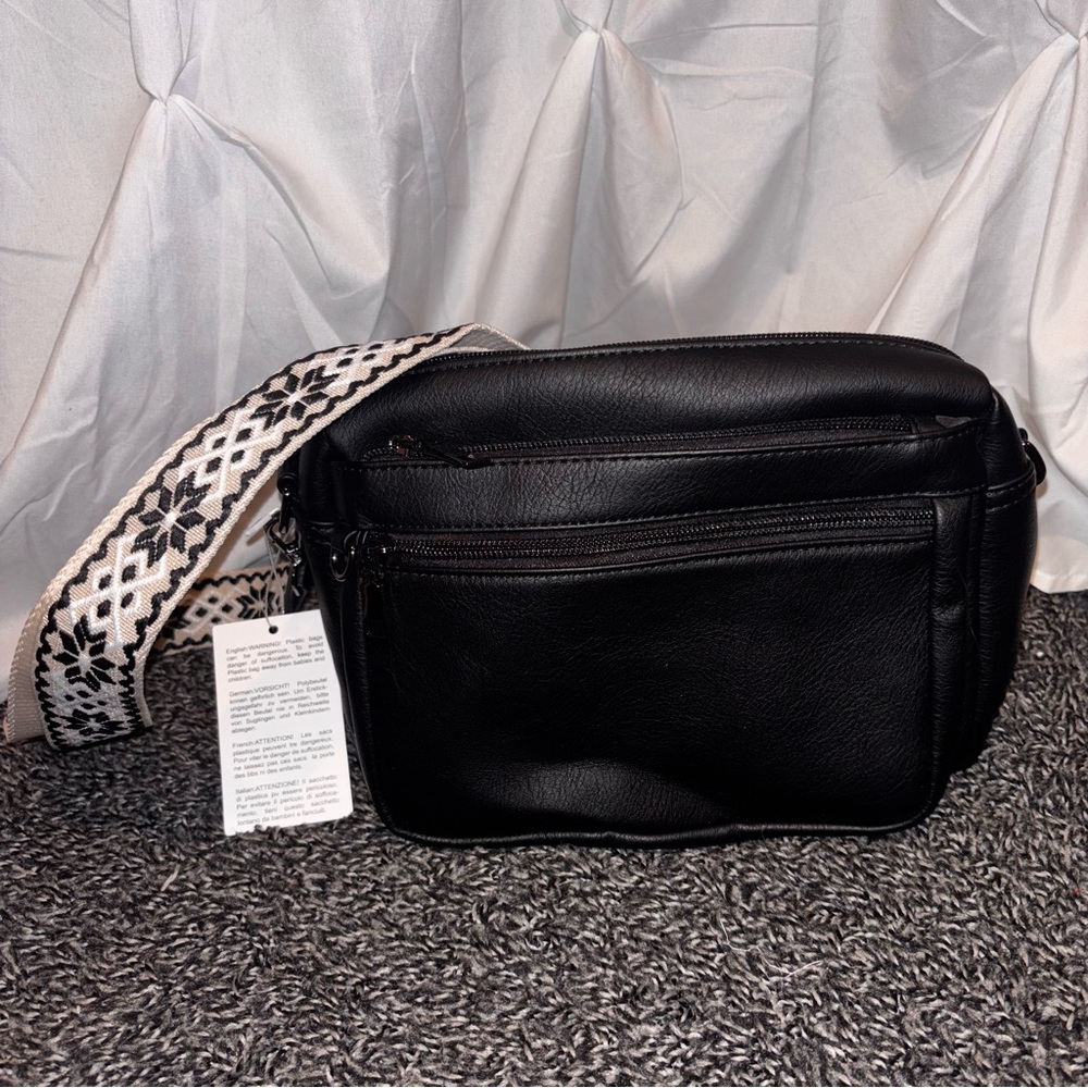 Black Crossbody Purse with Patterned Strap